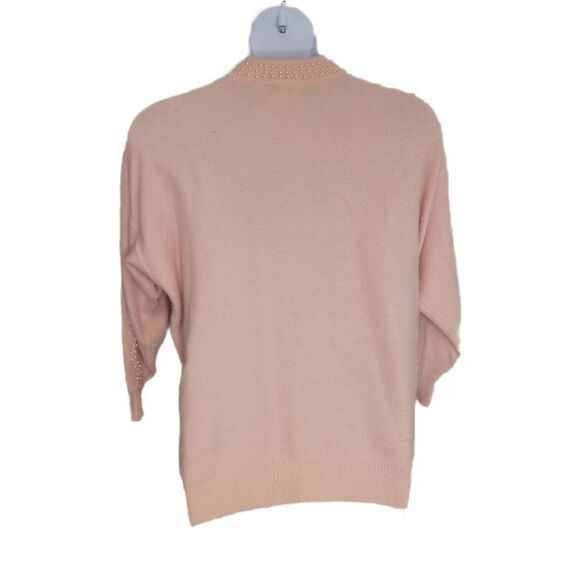 VINTAGE 90s sweater pink mock neck pearl beaded cable knit angora XL - Picture 3 of 11